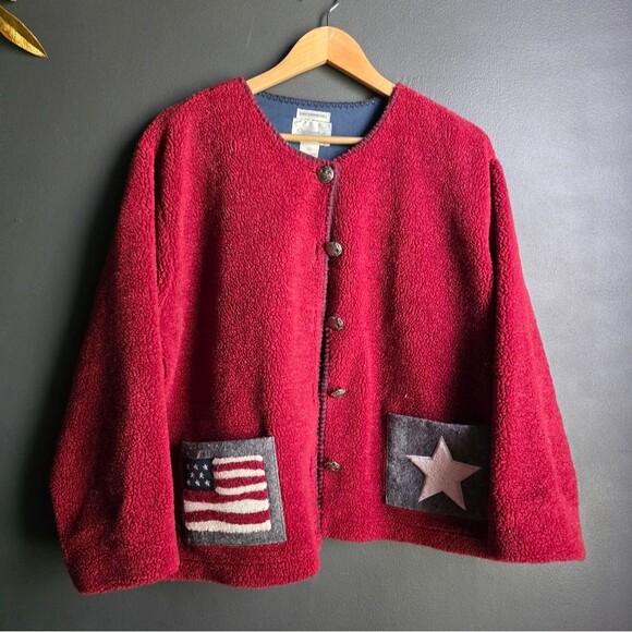 Vtg USA Flag Deep Red Thick Cardigan Sweater Button Women’s XL Hand Embroidered - Picture 8 of 13